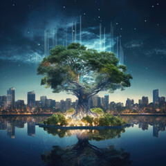 Sticker - Digital tree with sprouts and binary code in glowing futuristic style