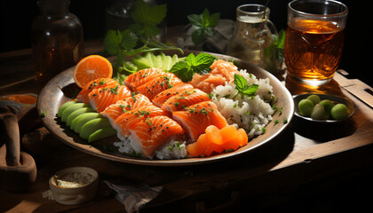 Canvas Print - Fresh seafood meal, gourmet plate of sashimi, healthy eating with vegetables generated by AI