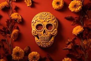 Skull shaped cookie with marigold flowers on red background