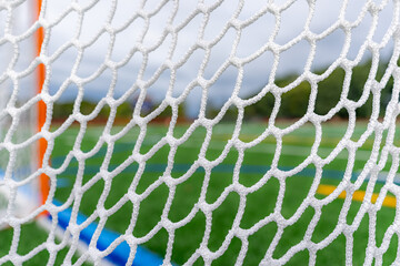 Wall Mural - Photo of a lacrosse goal on a empty green synthetic turf field.	