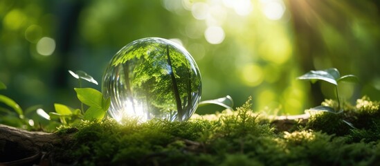 Poster - Green forest with sunlight a globe glass representing the environment