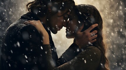 Wall Mural - passionate couple in a snowy night