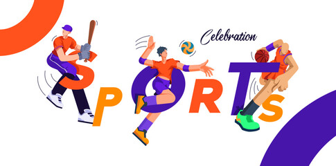 Wall Mural - National sports day celebration concept design, dynamic background with baseball, volleyball and basketball sports athletes, cartoon design style. sport concept