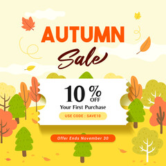 Wall Mural - Autumn sale coupon template vector illustration. Autumn landscape background. Promotion coupon code.