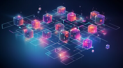 Poster - isometric blockchain connection: digital blocks forming crypto chain - abstract technology background (vector)