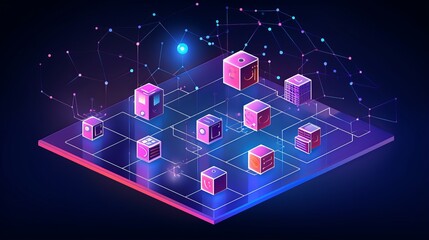 Poster - isometric blockchain connection: digital blocks forming crypto chain - abstract technology background (vector)