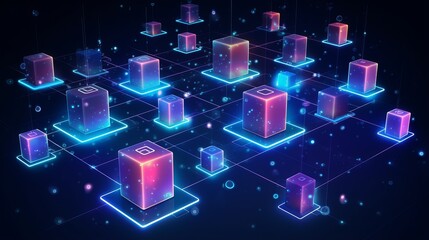 Wall Mural - isometric blockchain connection: digital blocks forming crypto chain - abstract technology background (vector)