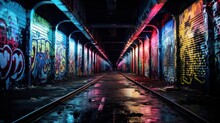 An Empty, Graffiti-covered Subway Tunnel 