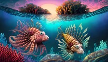 A Pair Of Rainbow Color Lionfish Under Water, A Coral Reef, Giant Mangrove.