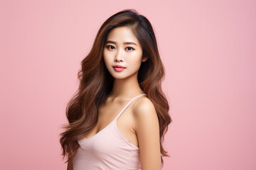 Wall Mural - AI generated photo of an attractive beautiful young woman model with long healthy hair isolated on pink color background