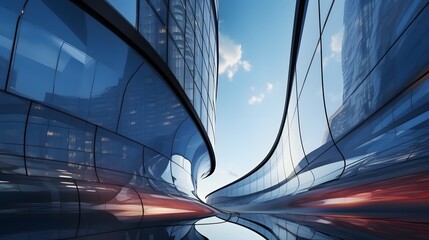 Wall Mural - Low angle view of futuristic architecture, Skyscraper of office building with curve glass window,