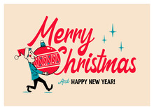 Vintage Style Christmas Greetings Card - Merry Christmas And Happy New Year 2024 - Vector Illustration.