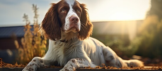 Canvas Print - Domestic pet a serene English springer spaniel with white and brown fur peacefully rests on a couch at home gazing at the camera under the sunlight Symbolizing care companionship and comfor