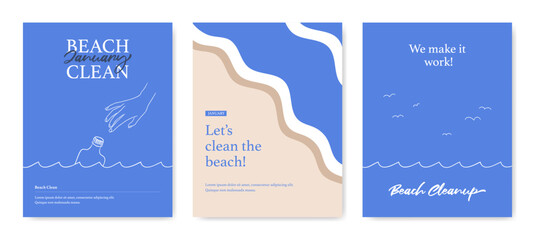 Wall Mural - beach cleanup background set. volunteering eco cleaning. picking up garbage banner. coastal pollutio