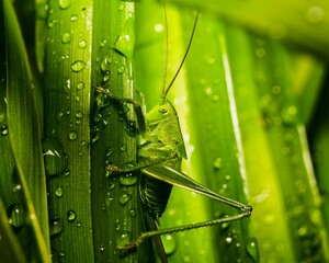 Sticker - Vibrant green grasshopper perched atop a lush bed of lush green foliage.