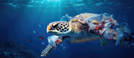 Sticker - Hope for saving the world through a conceptual artwork showcasing a turtle filled with garbage and plastic waste in a polluted ocean highlighting environmental and social issues