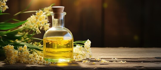 Sticker - Pouring rice bran oil from glass bottle onto wooden table with rice paddy in background