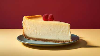 Dessert on Red - Closeup of New York Cheesecake Slice with Berries on Top, on Soft Red Background 