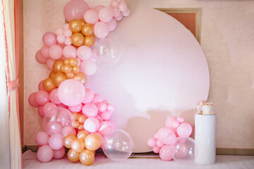 arch decorated with pink, white and golden balloons. trendy baptism cake for girl. delicious recepti
