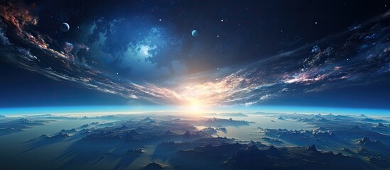 Wall Mural - illustration of earth with sunrise in galaxy background representing nature world science and fantas