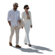 Elegant couple in white clothes walking together in summer isolated on white background