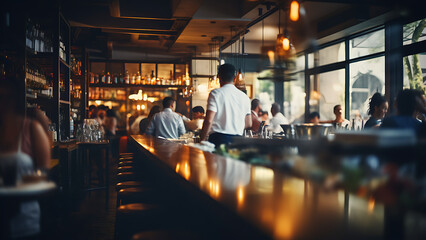 Blurred restaurant background with some people and chefs and waiters working.