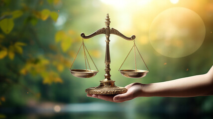 Icon of law scales in hand on the nature background