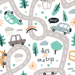 Canvas Print - Boho seamless pattern with cute cars.