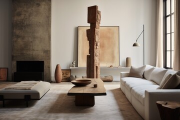 Wall Mural - an antique column in a minimalist living room holding a modern art sculpture