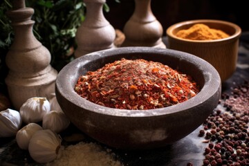 Canvas Print - close-up shot of freshly ground spices in a marble mortar