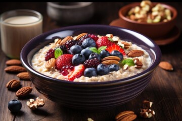 Canvas Print - a bowl of oatmeal with fresh berries and nuts