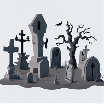 spooky graveyard clipart, solid white backgrond, Ai generated image