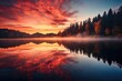 a reflection of an autumn sunrise on a calm lake