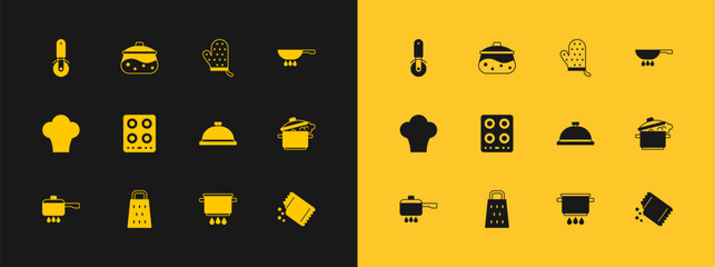 Sticker - Set Frying pan on fire, Grater, Covered with tray of food, Cooking pot, Gas stove, Oven glove, Pizza knife and icon. Vector