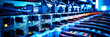 © OpticalDesign - Server racks, electric cables and wires representing fiber optic internet equipment for a data center, technology and network background banner