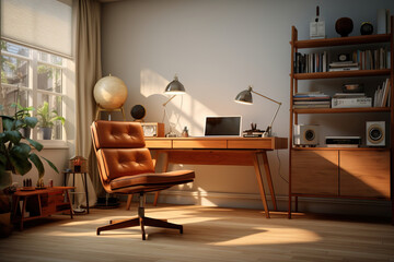 Wall Mural - A Mid-Century Modern hobby room, with a sleek hobby desk, a molded plastic chair, and a mix of natural and man-made materials for hobby storage