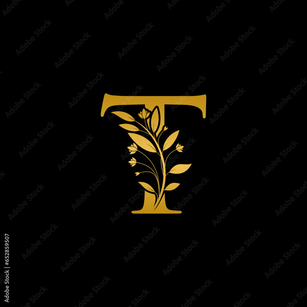 Golden floral letter T logo Icon, Luxury alphabet font initial design ...