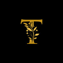 Golden Floral Letter T Logo Icon, Luxury Alphabet Font Initial Design Isolated On Black Background