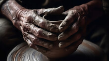 Closeup Hand Of Senior Man Craftsman Working On Pottery Wheel While Sculpting From Clay Pot Background Workshop. Generation AI