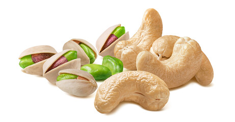 Wall Mural - Cashew and pistachio nuts isolated on white background