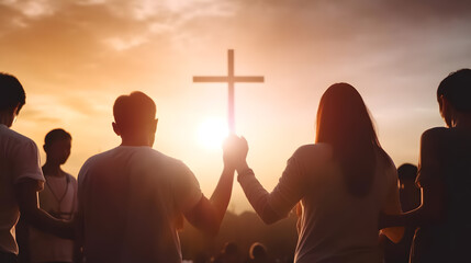 Wall Mural - Christian worship God together hold hands and hugs warmth in Church, sun light background with sunset. Concept banner easter resurrection. Generation AI