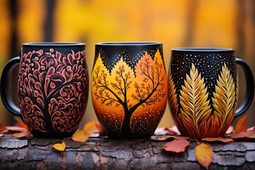 Wall Mural - ceramic mugs painted in autumn motifs