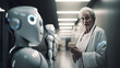 Elderly care robot in intelligent hospital. Concept AI artificial intelligence, services and health with future droid nursing Bot. Generation AI