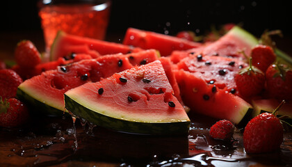 Poster - Fresh watermelon slice, sweet dessert, healthy snack, juicy raspberry drink generated by AI