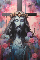 Wall Mural - Jesus on crucifix wearing crown of thorns, flowers pastel colors and background