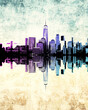 Illustration of the Lower Manhattan skyline along the Hudson River.