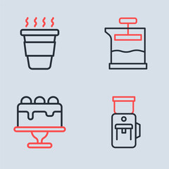 Wall Mural - Set line French press, Cake, Electric coffee grinder and Coffee cup to go icon. Vector