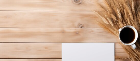 Poster - Minimalistic home office desk with tablet coffee cup pampas grass on wooden background Empty screen for blog mockup Top view