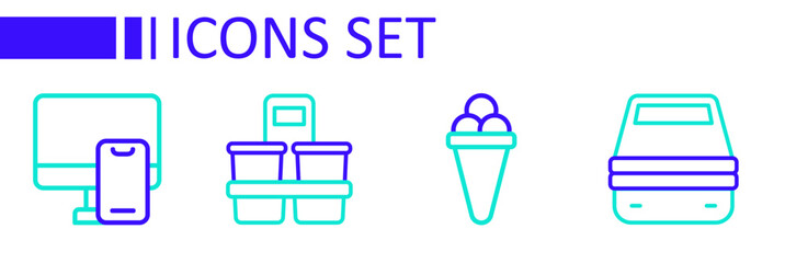 Canvas Print - Set line Lunch box, Ice cream in waffle, Coffee cup to go and Online ordering food icon. Vector