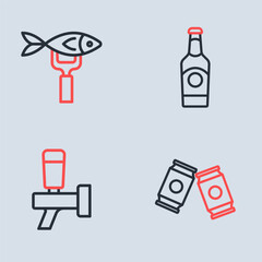 Canvas Print - Set line Beer bottle, tap, can and Dried fish icon. Vector